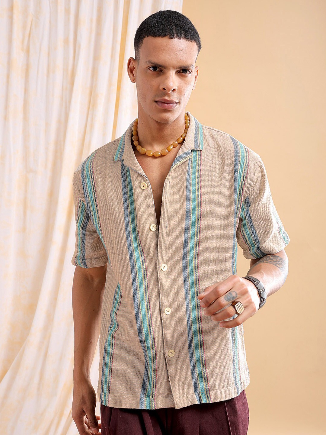 

The Indian Garage Co Men Relaxed Fit Striped Resortwear Shirt, White