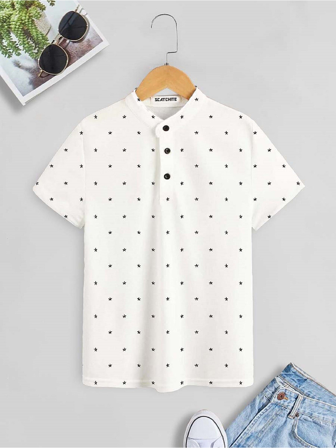 

BAESD Boys Geometric Printed Polo Collar Cotton T-shirt, White