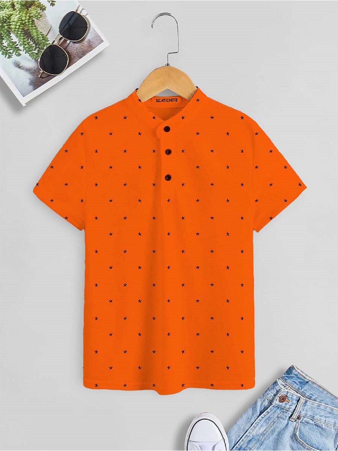 

BAESD Boys Polka Dot Printed Band Collar Cotton T-shirt, Orange