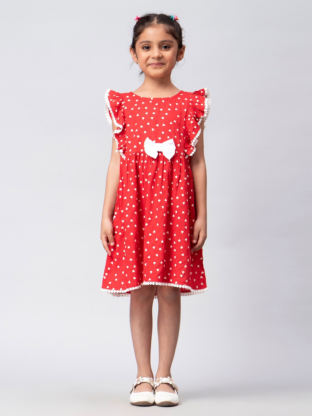 

HERE&NOW Girls Polka Dot Printed Flutter Sleeves Modal Fit & Flare Dress, Red