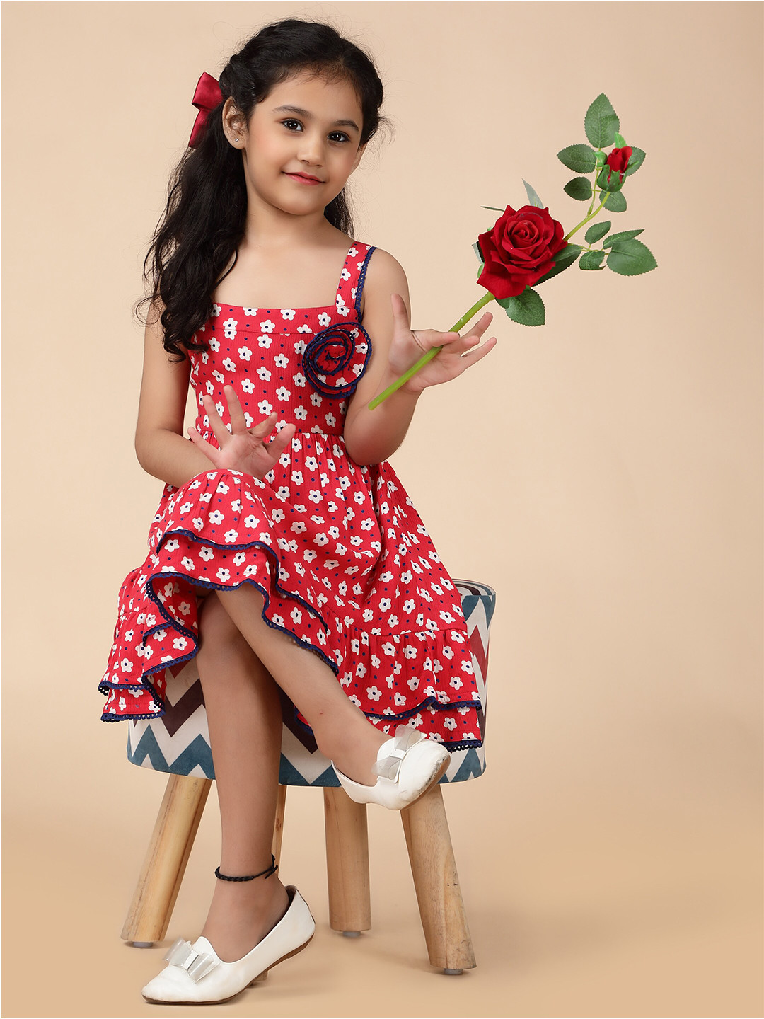 

HERE&NOW Girls Floral Printed Fit & Flare Dress, Red
