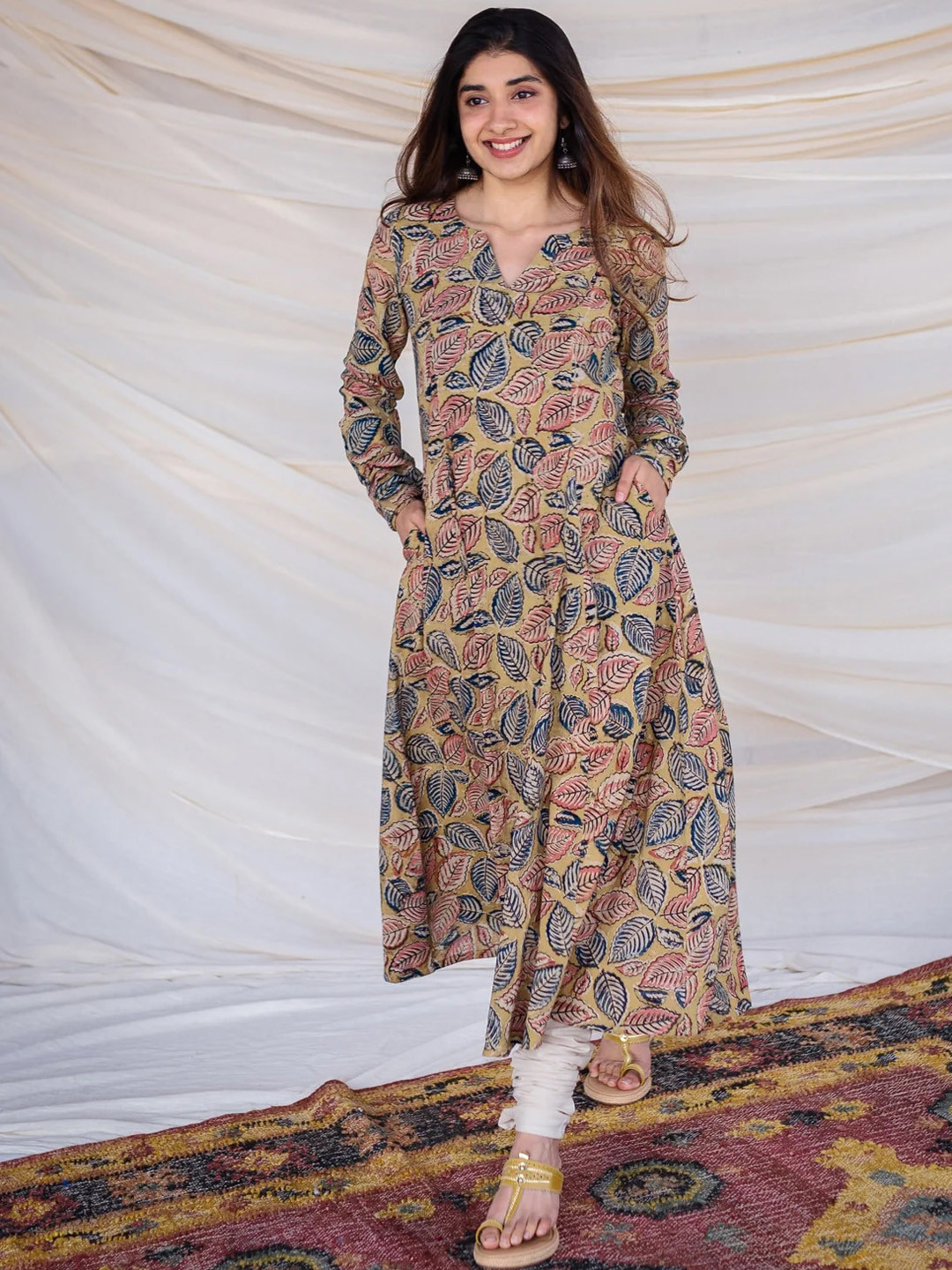 

KALINI Paisley Printed Notch Neck Anarkali Cotton Kurta, Gold