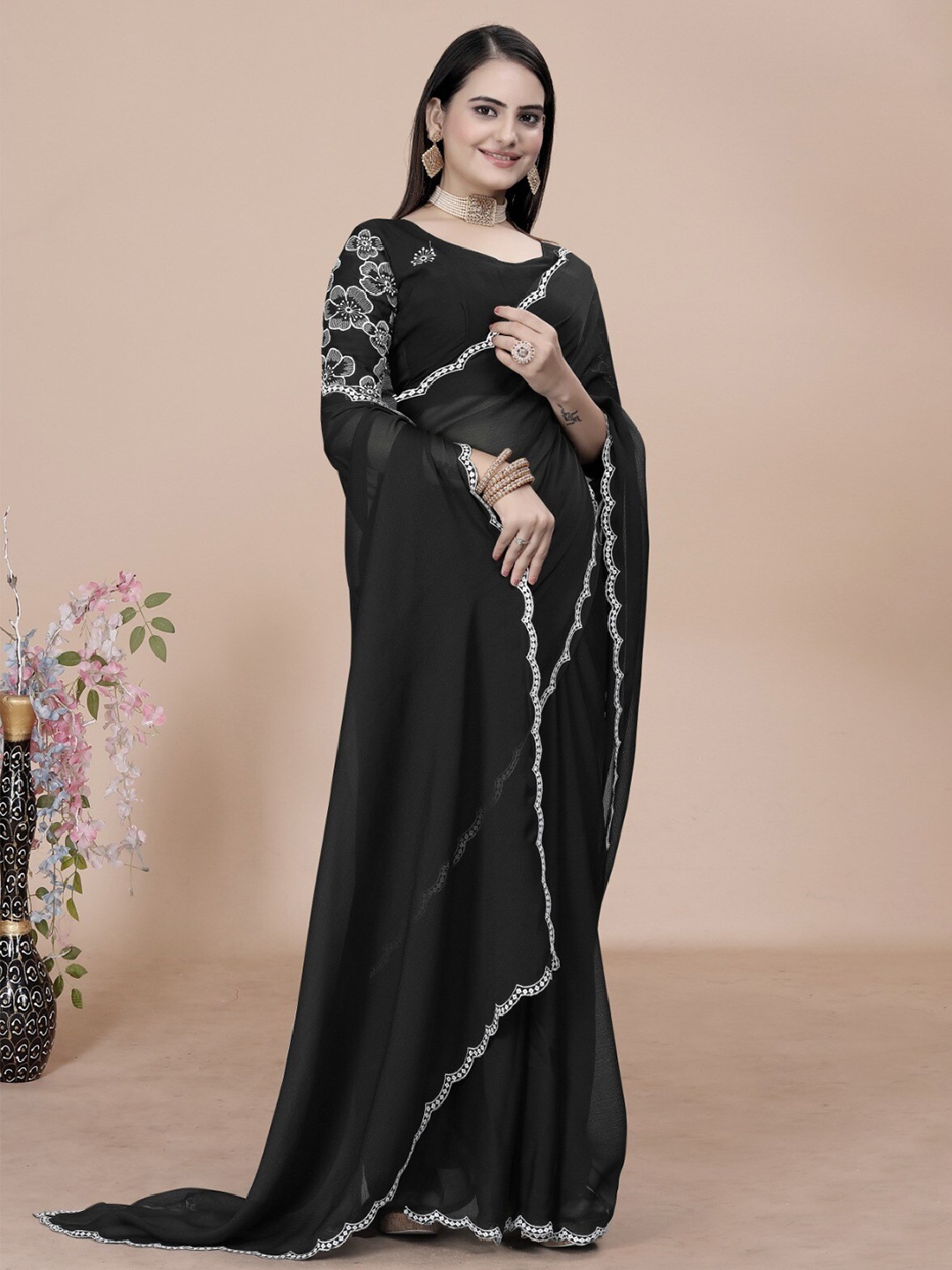 

K 5 Fashion Embroidered Chiffon Saree, Black
