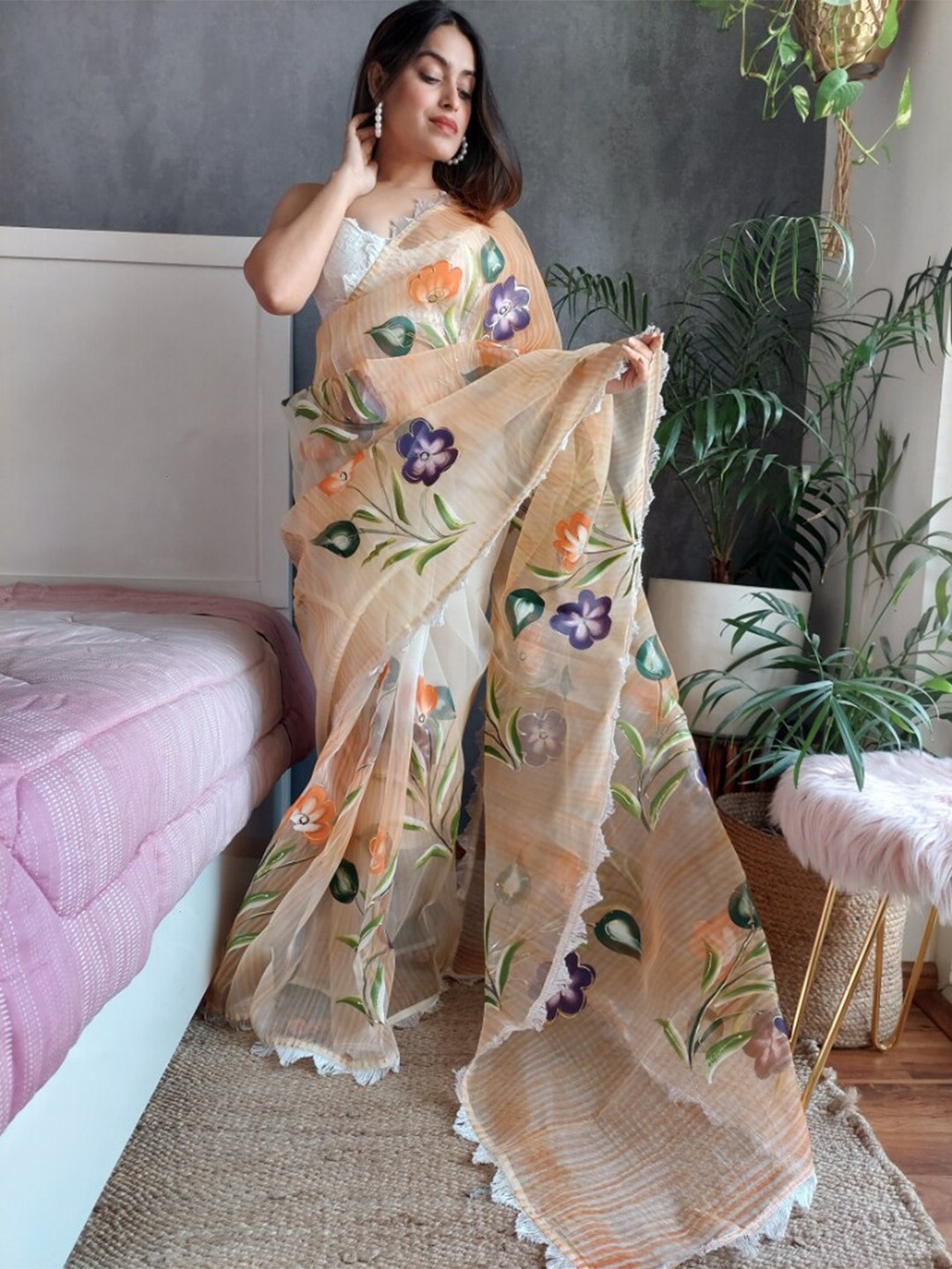 

K 5 Fashion Floral Embroidered Organza Saree, Beige
