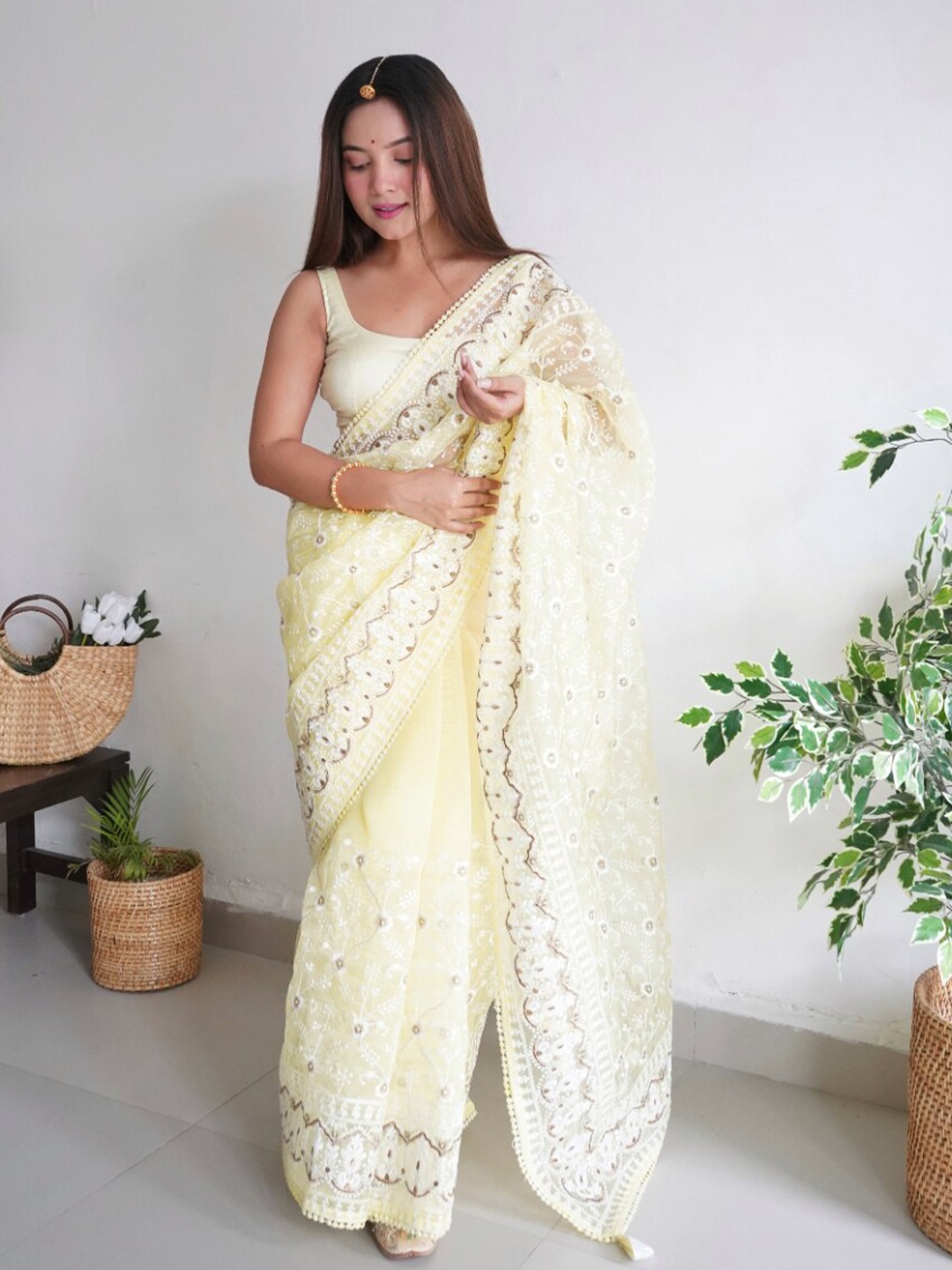

K 5 Fashion Floral Embroidered Organza Saree, Yellow