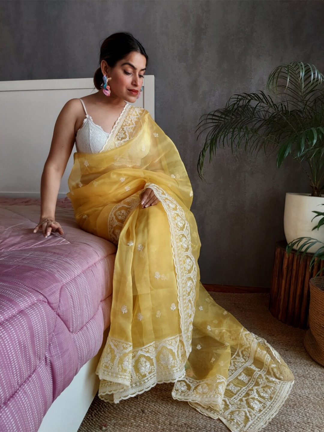 

K 5 Fashion Floral Embroidered Organza Saree, Yellow