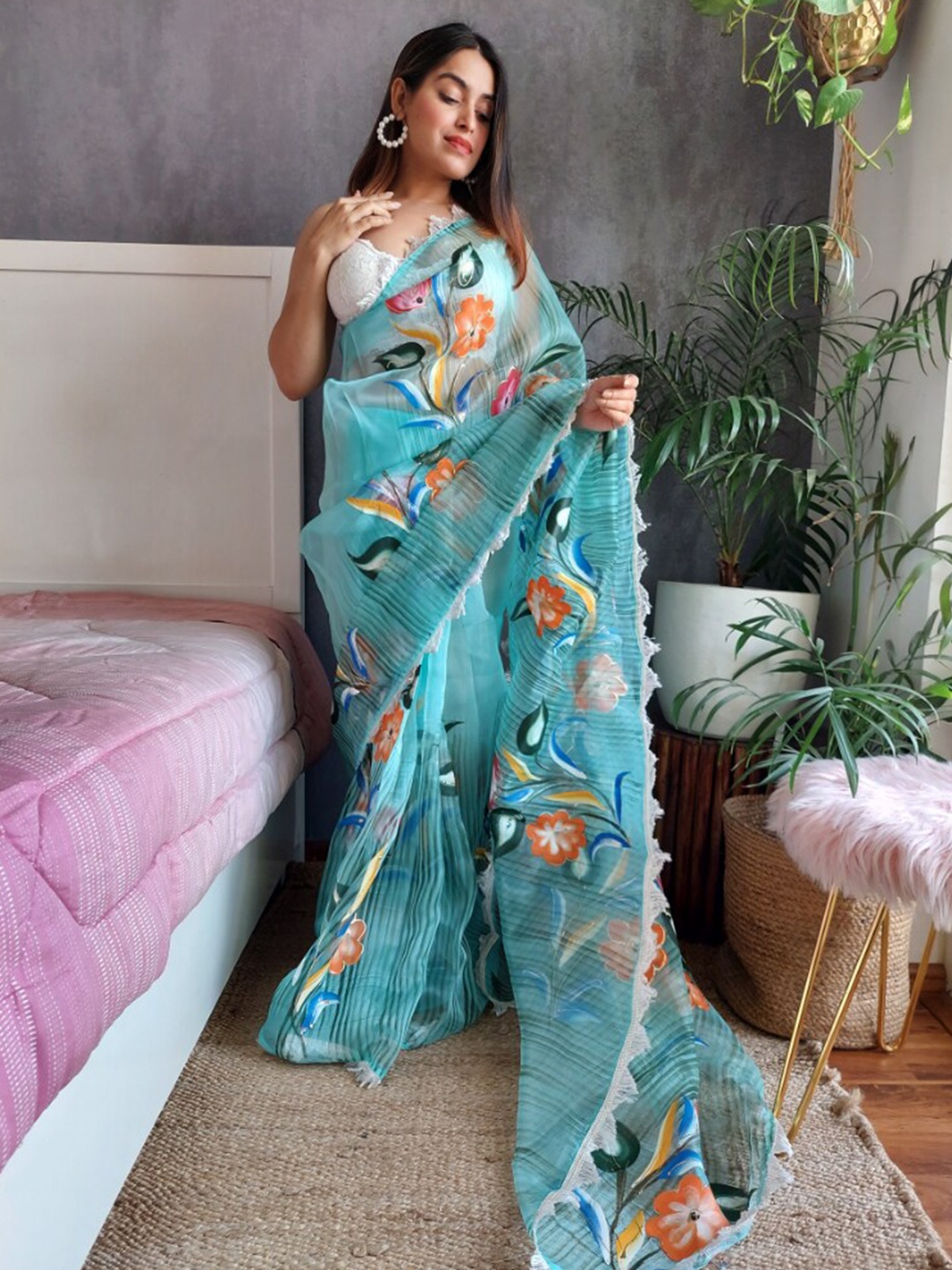 

K 5 Fashion Ethnic Motifs Embroidered Organza Saree, Blue