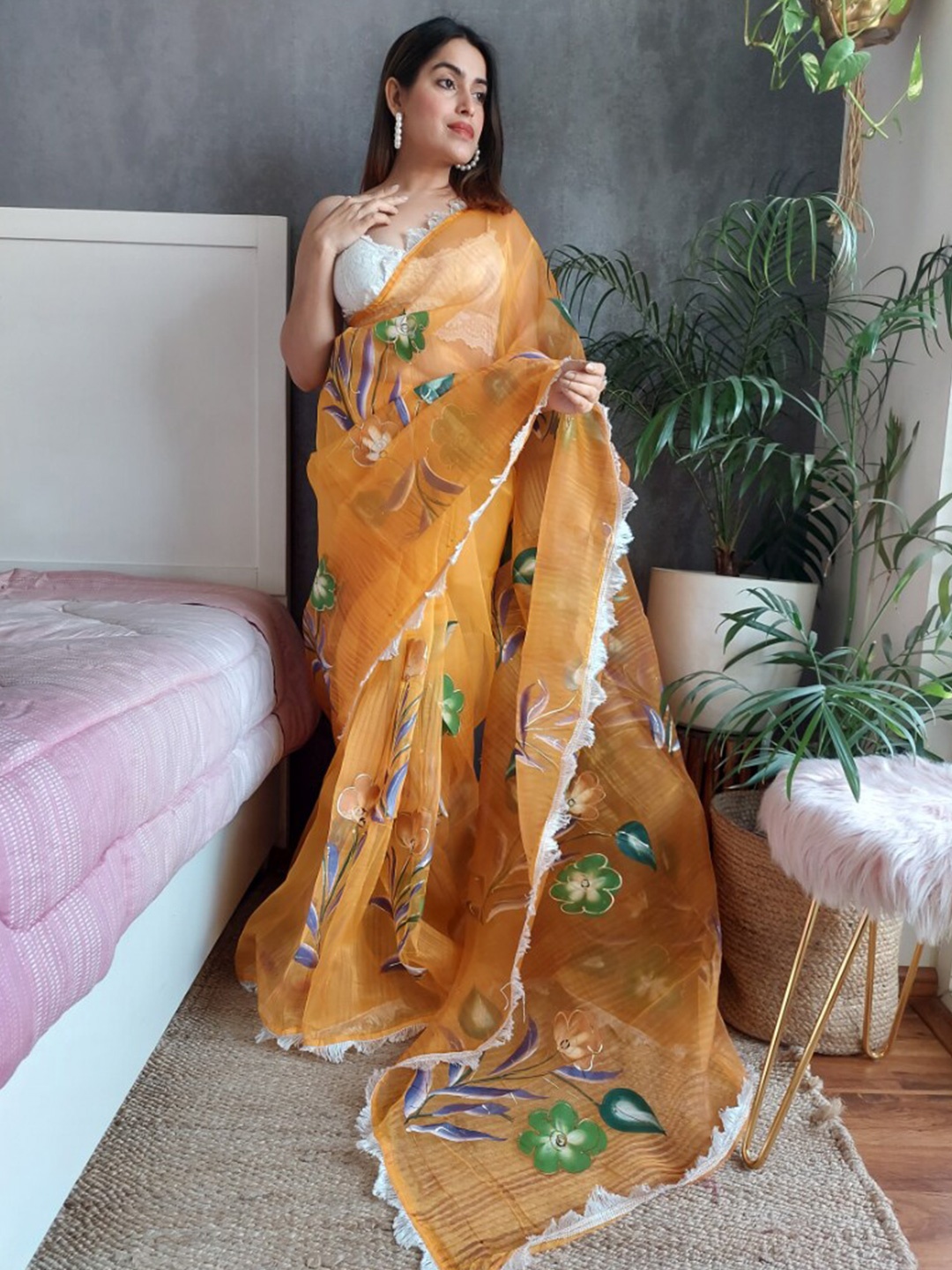 

K 5 Fashion Floral Embroidered Organza Saree, Orange