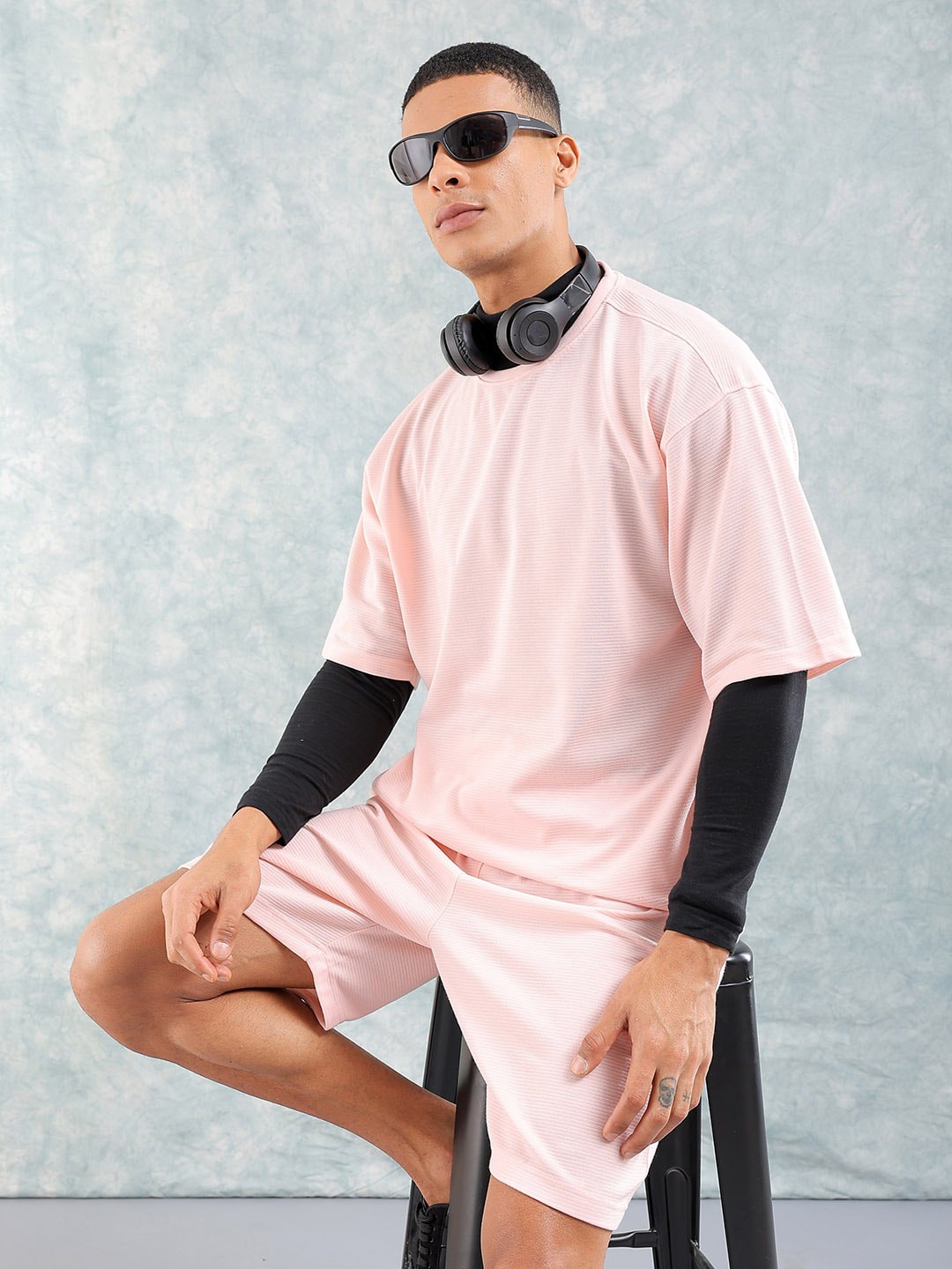 

The Indian Garage Co Striped Oversized Regular Fit T-shirt With Shorts, Pink