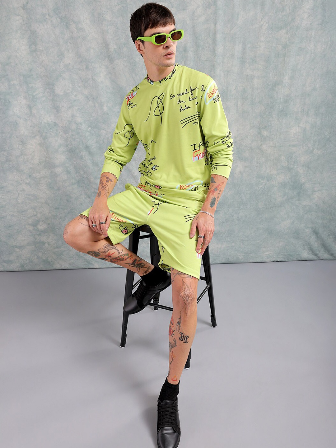 

The Indian Garage Co Typography Printed Sweatshirt & Shorts, Green