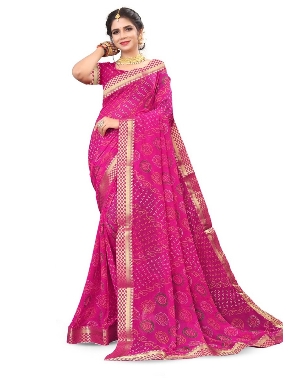 

V TEX SAREES Printed Zari Bandhani Saree, Pink