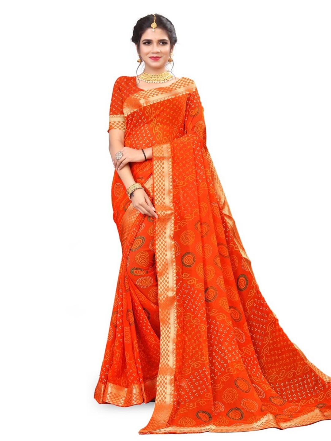 

V TEX SAREES Printed Zari Bandhani Saree, Orange