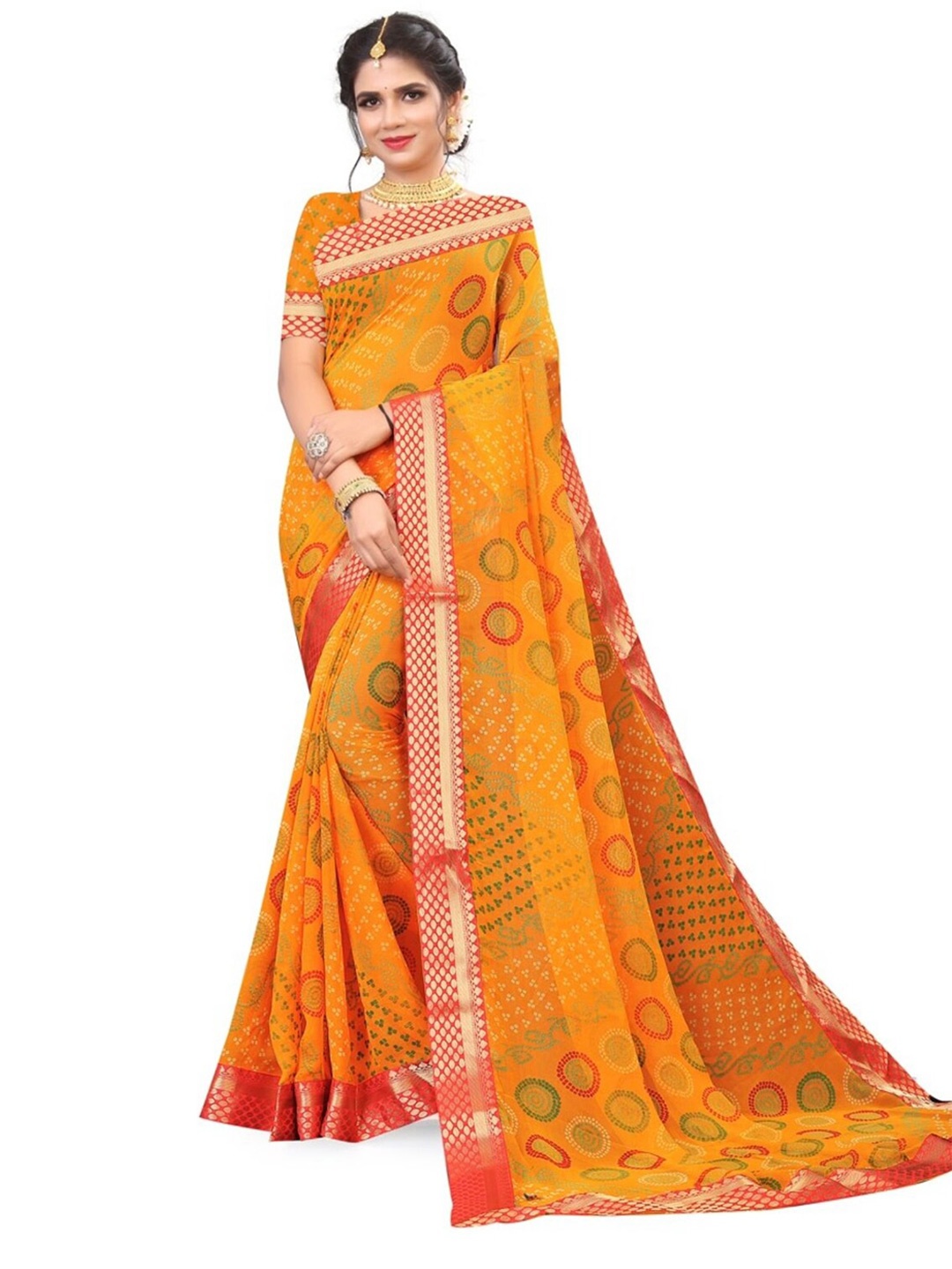 

V TEX SAREES Printed Zari Bandhani Saree, Yellow