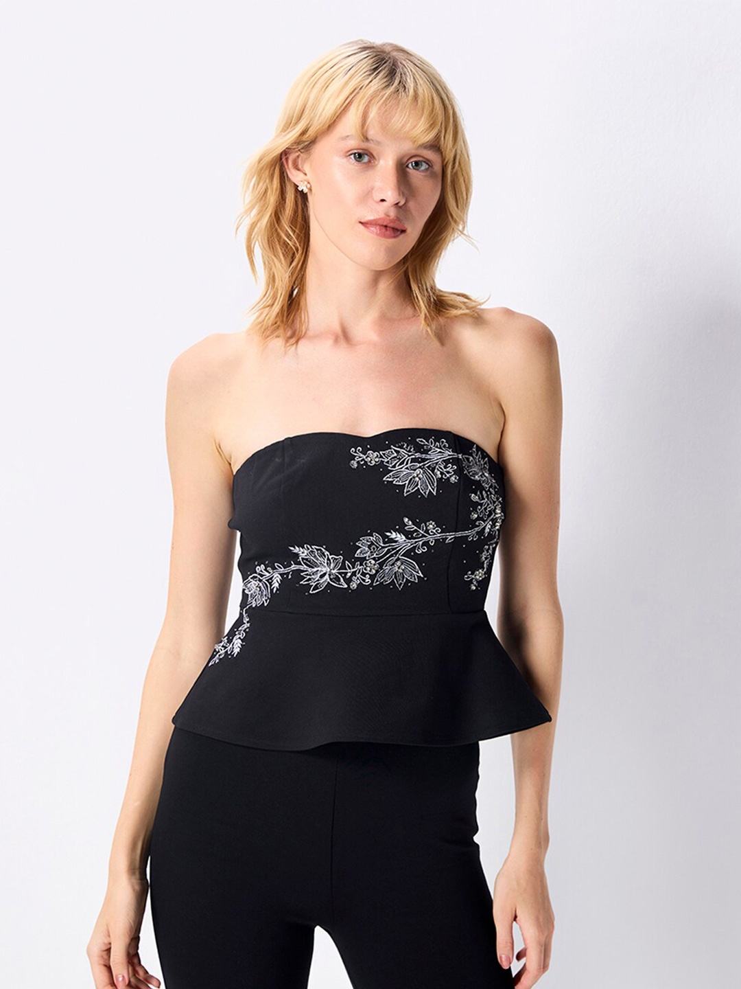 

COVER STORY Embellished Strapless Bandeau Peplum Top, Black