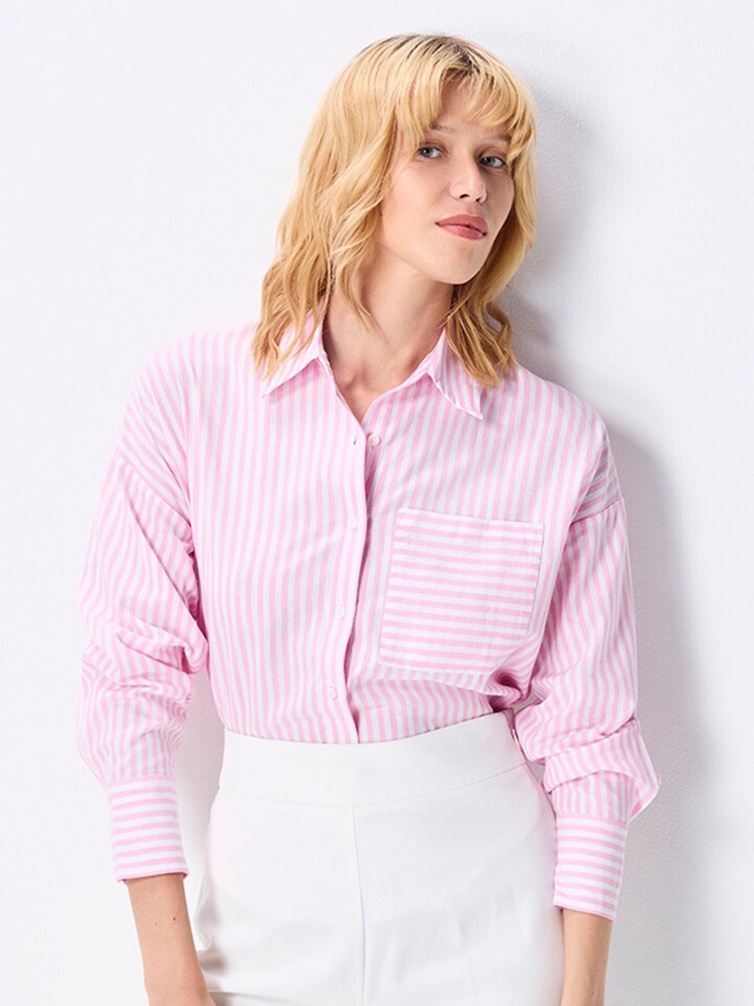 

COVER STORY Pink Vertical Striped Long Sleeves Cotton Casual Shirt