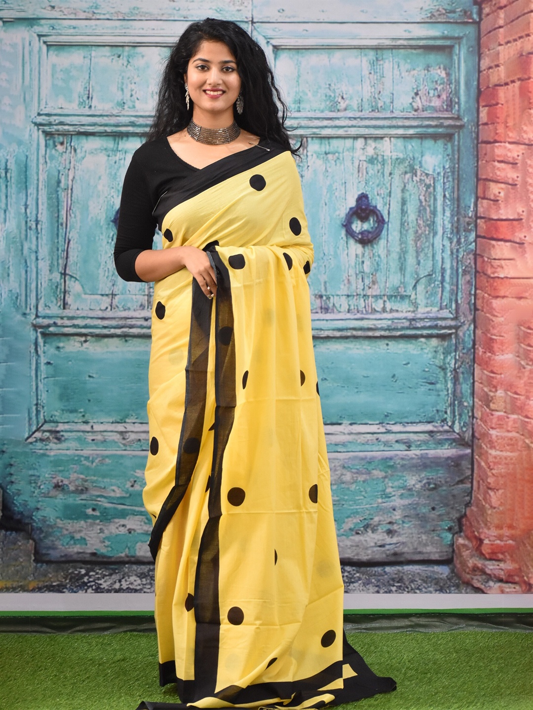 

clothonus Polka Dot Pure Cotton Block Print Ikat Saree, Yellow