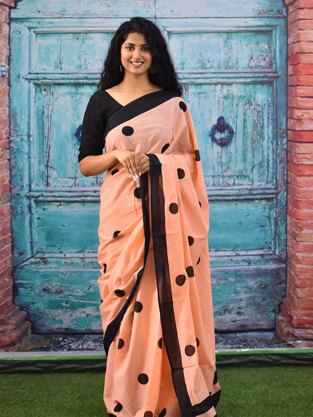 

Clothonus Polka Dot Pure Cotton Block Print Ikat Saree, Peach