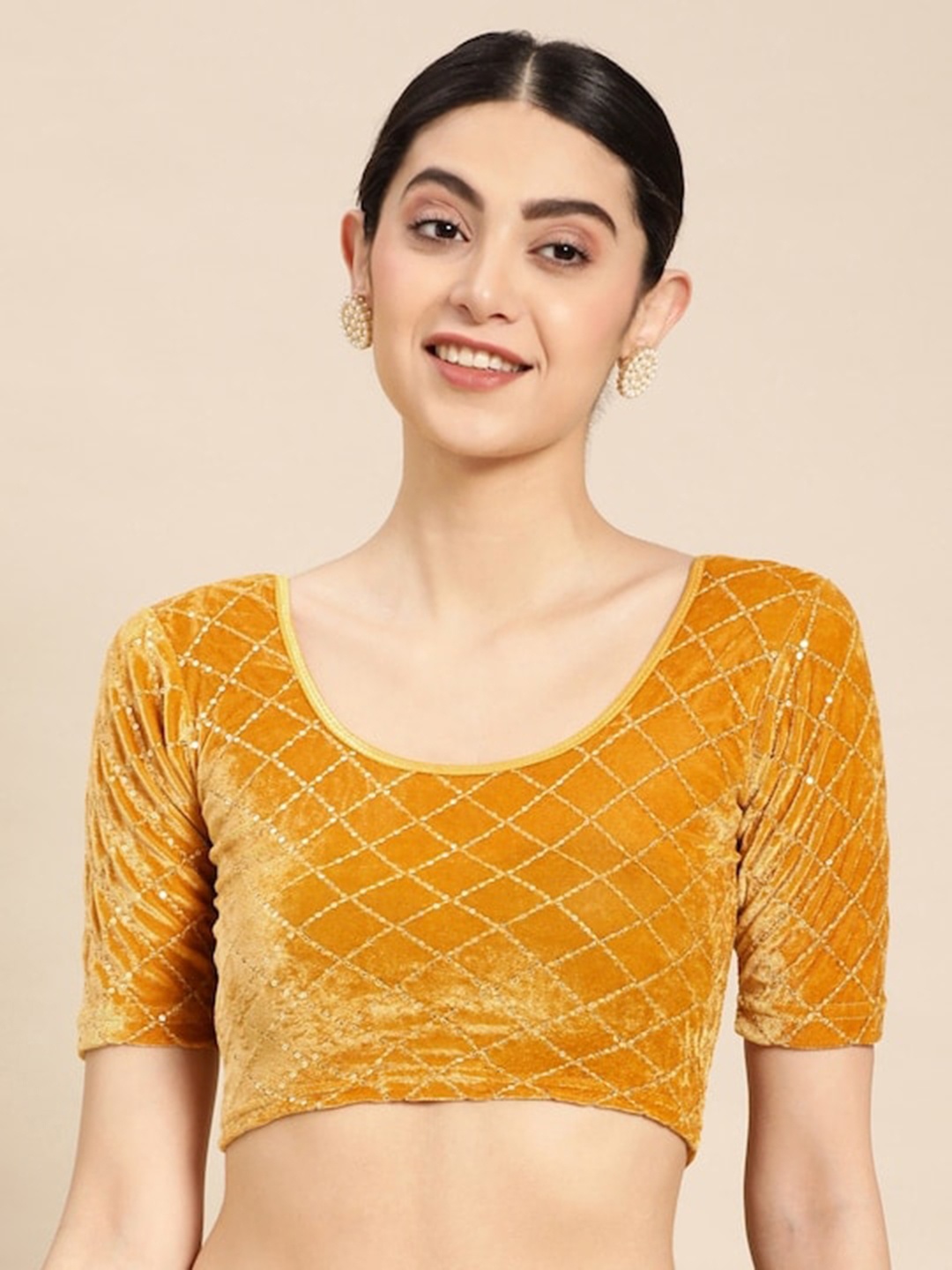 

PATLIPALLU Velvet Stretchable Sequence Saree Blouse, Gold