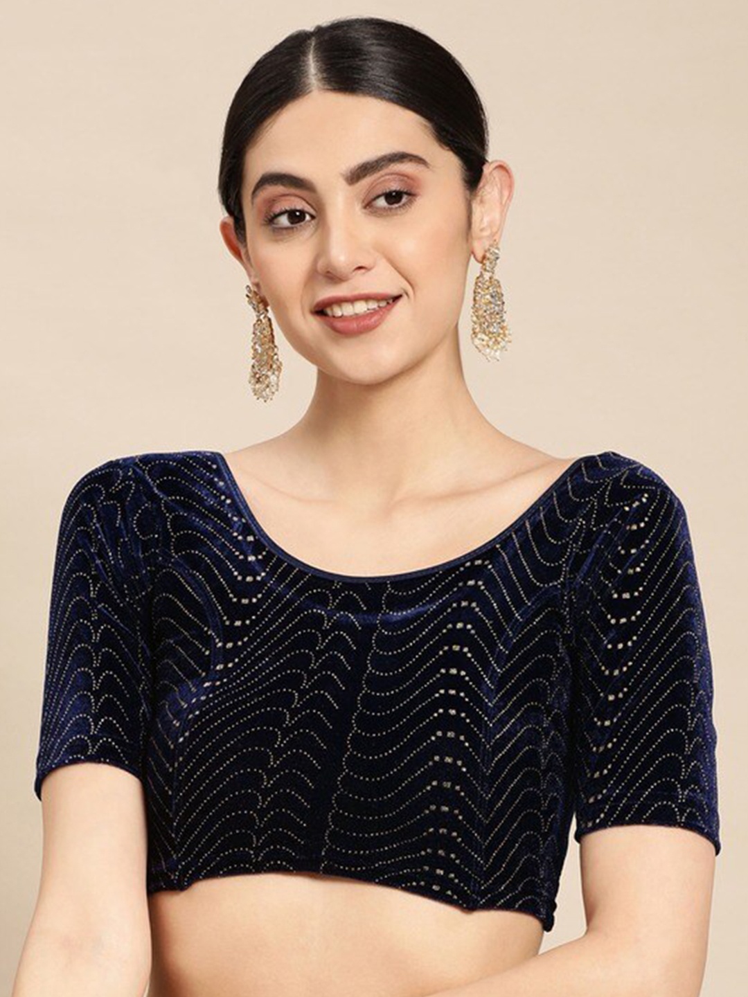 

PATLIPALLU Swaroski Worked Velvet Stretchable Saree Blouse, Navy blue