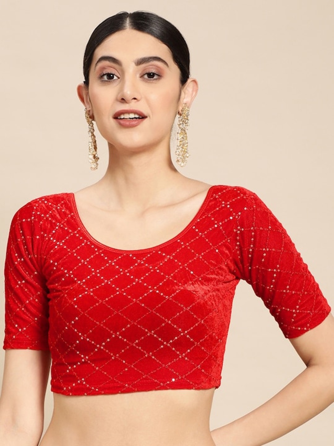 

PATLIPALLU Velvet Stretchable Sequence Saree Blouse, Red