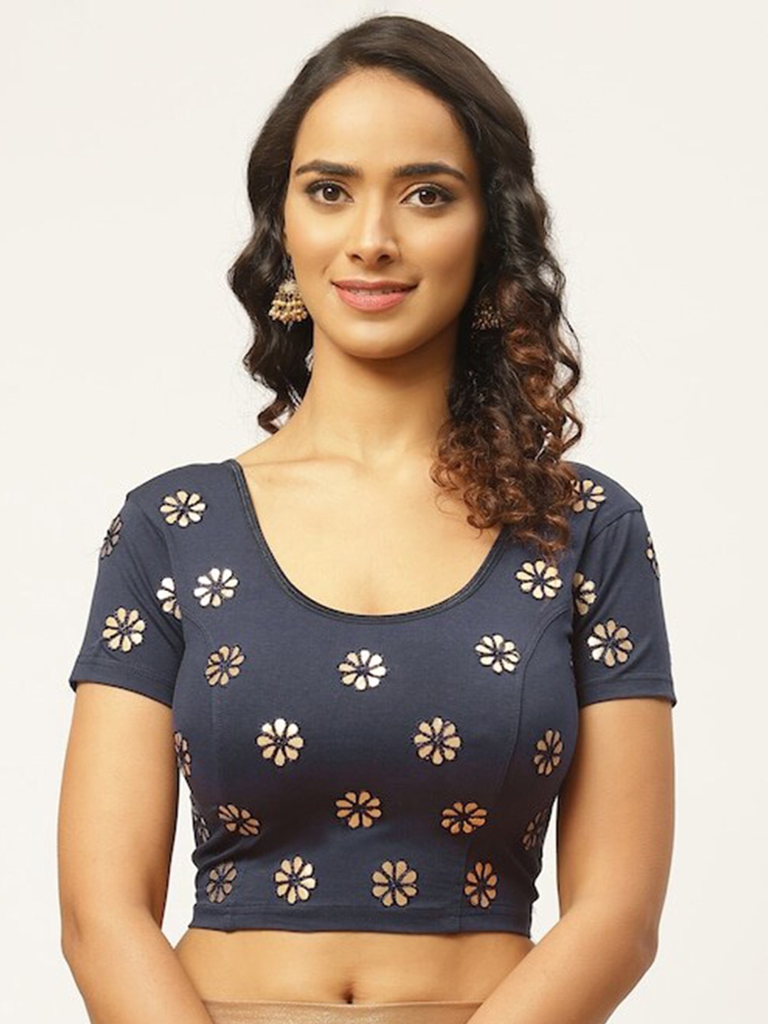 

PATLIPALLU Embellished Cotton Saree Blouse, Navy blue