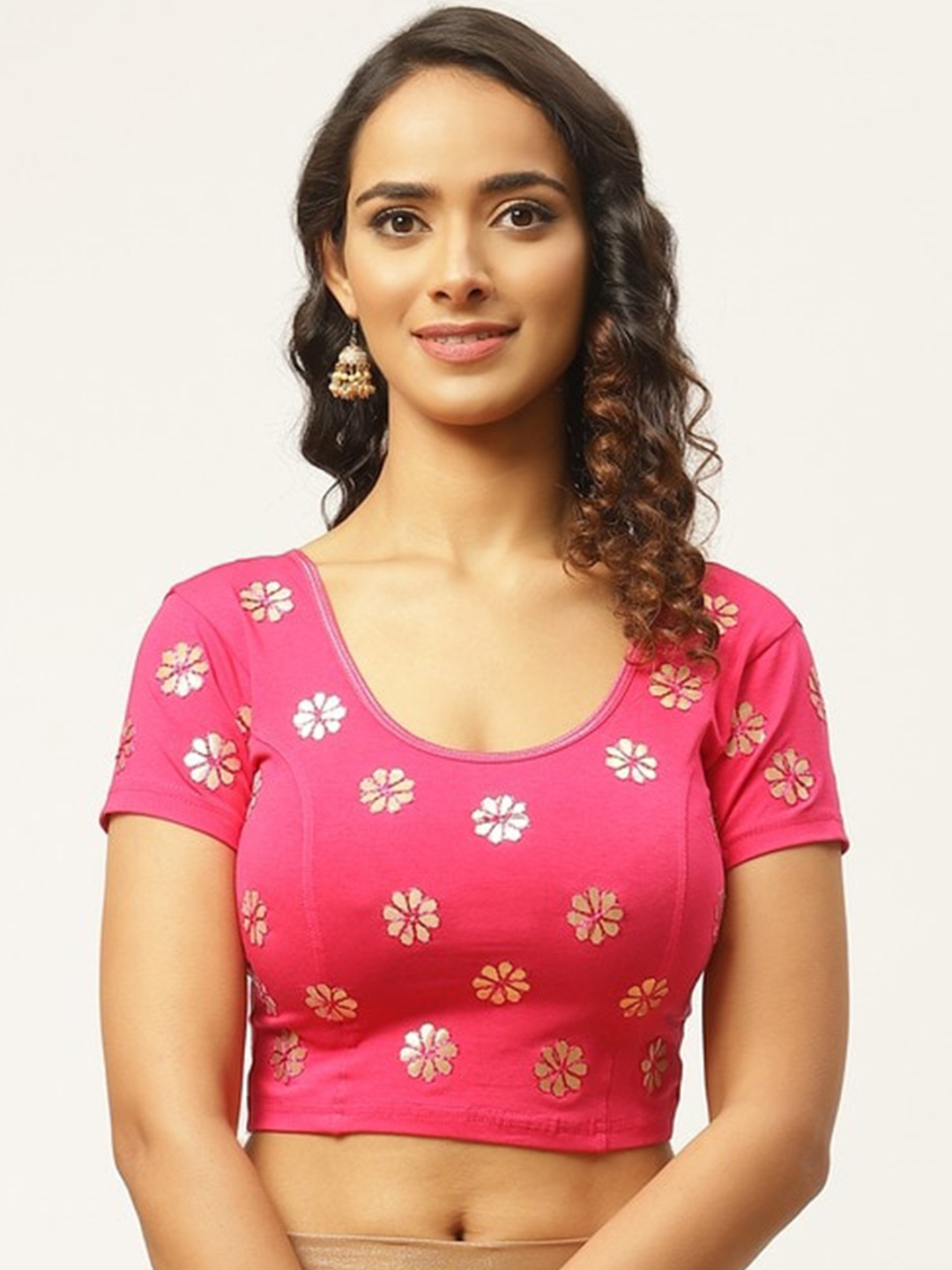 

PATLIPALLU Gotta Patti U-Neck Cotton Stretchable Saree Blouse, Pink
