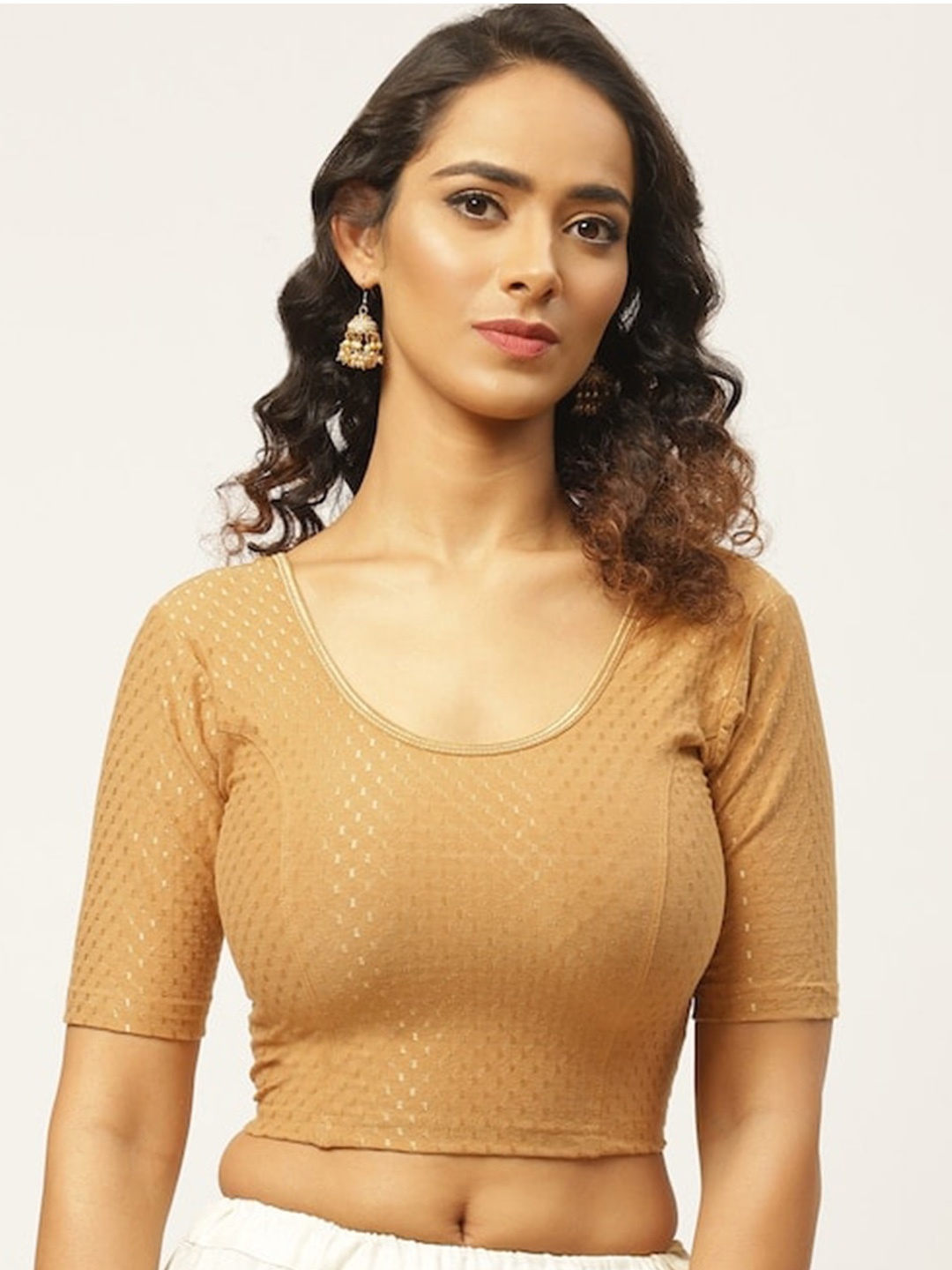 

PATLIPALLU Woven Design U-Neck Cotton Stretchable Saree Blouse, Beige