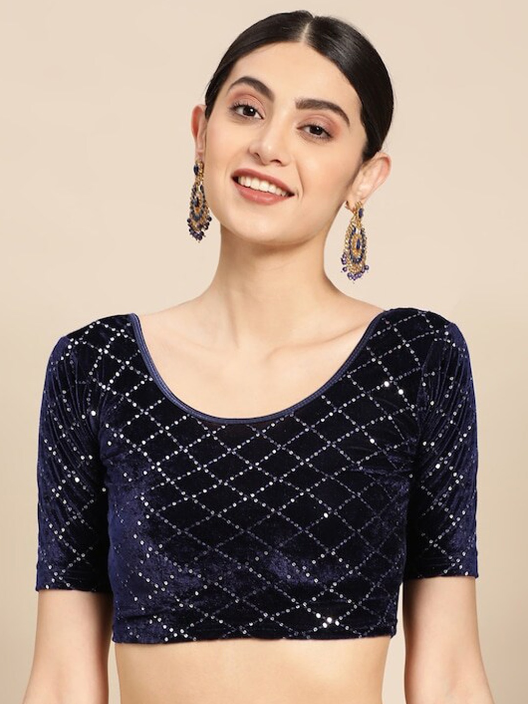 

PATLIPALLU Embellished Stretchable Sequinned Worked Velvet Saree Blouse, Navy blue