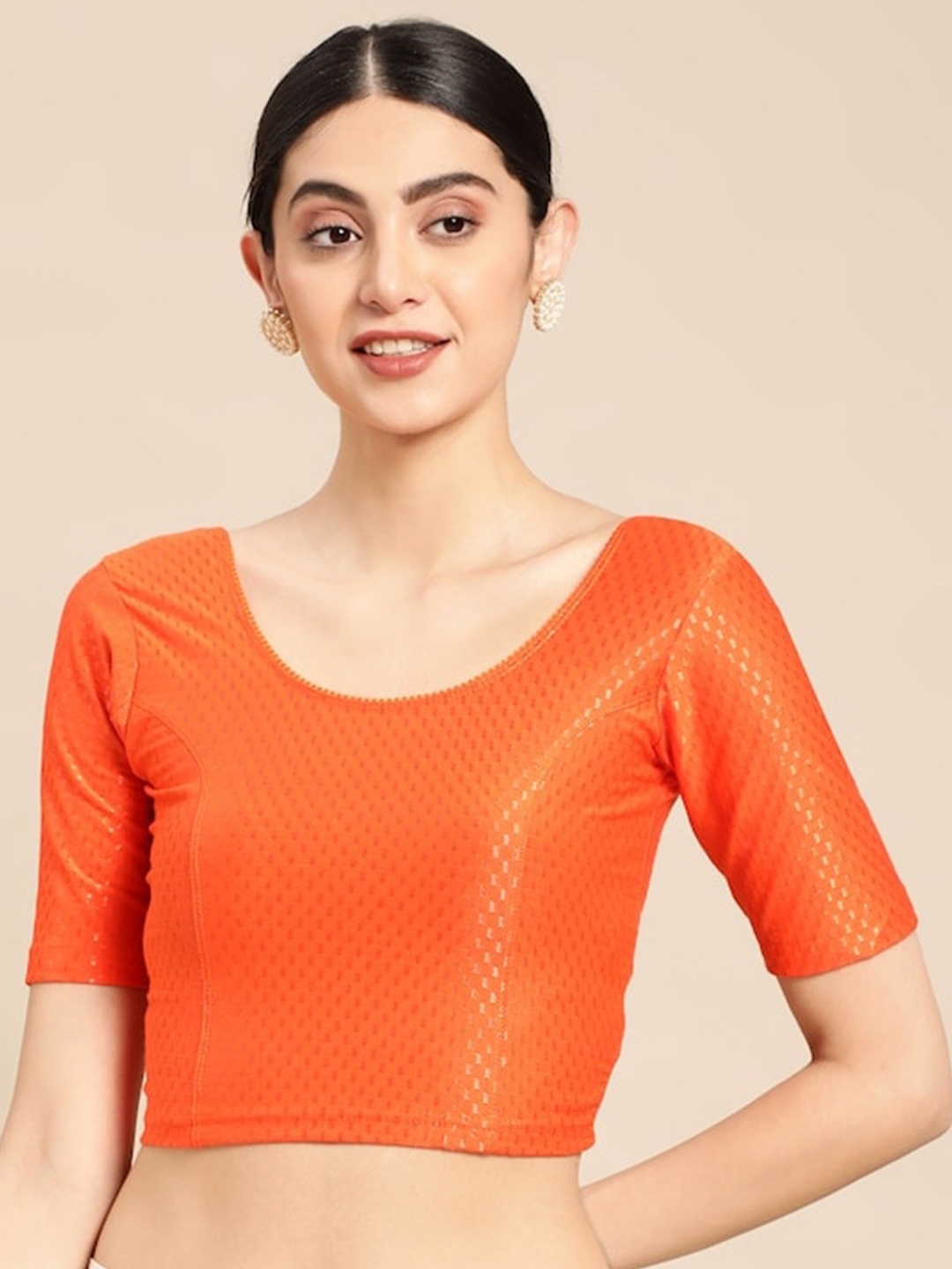 

PATLIPALLU Woven-design Stretchable Cotton Saree Blouse, Orange