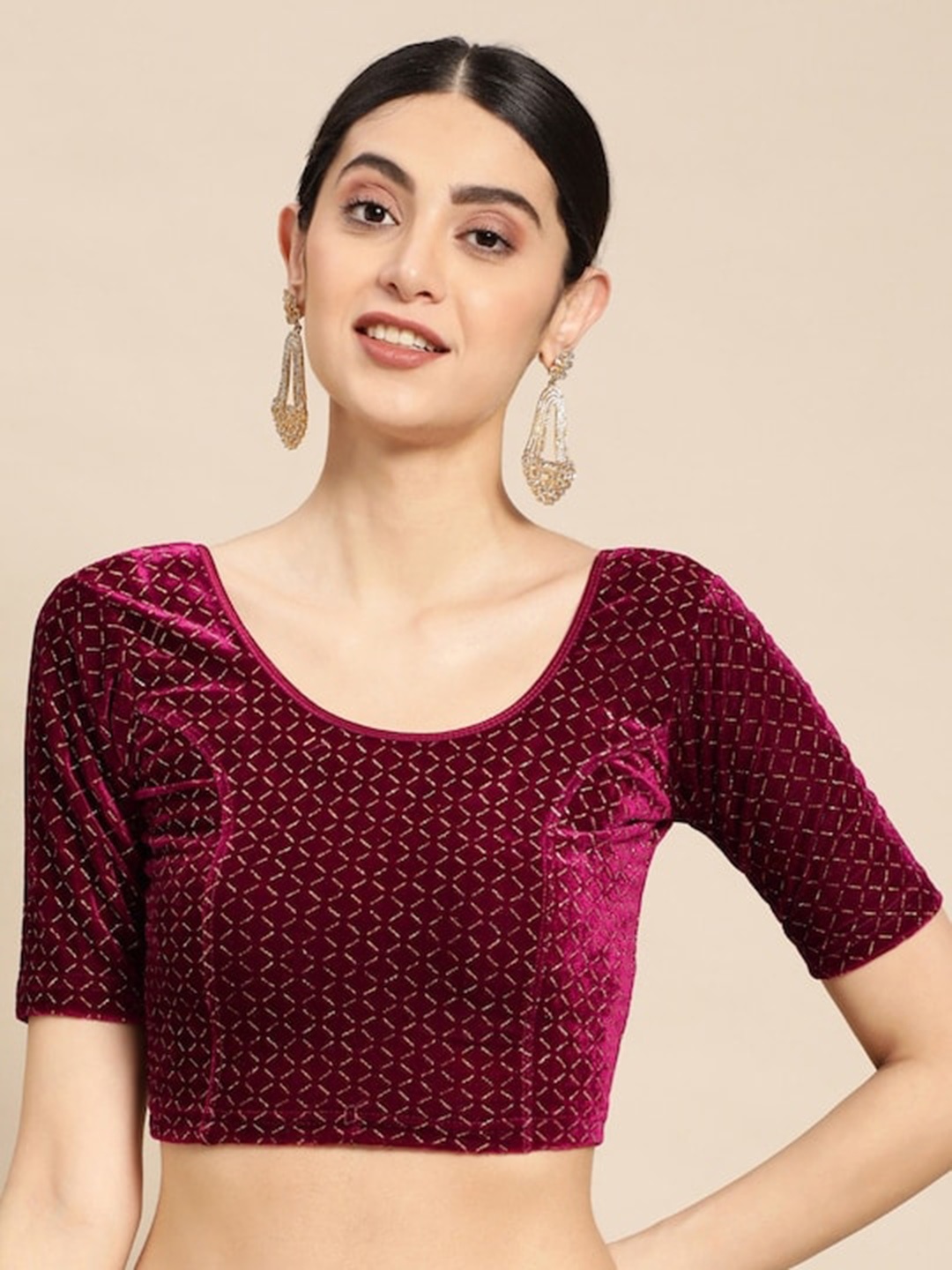 

PATLIPALLU Swaroski Worked Velvet Stretchable Saree Blouse, Burgundy