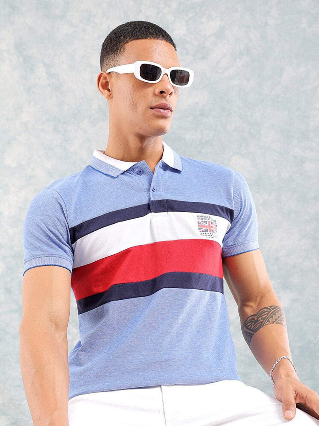 

The Indian Garage Co Striped Polo Collar Slim Fit T-shirt, Blue