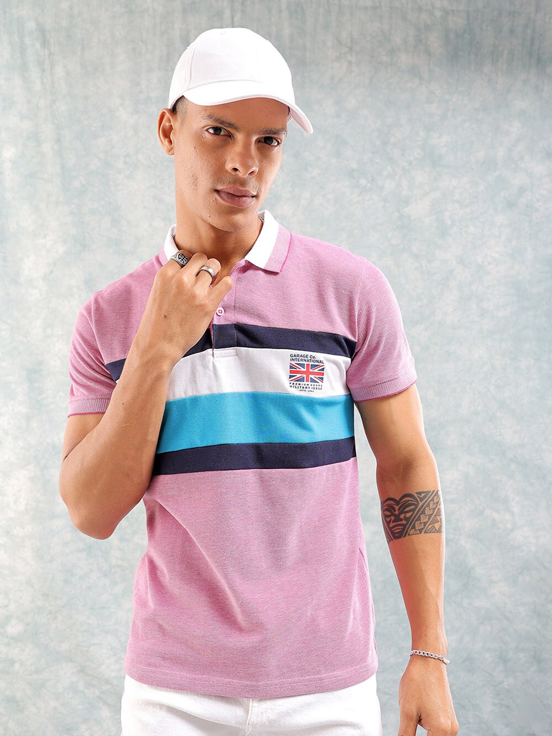 

The Indian Garage Co Striped Polo Collar Slim Fit T-shirt, Pink