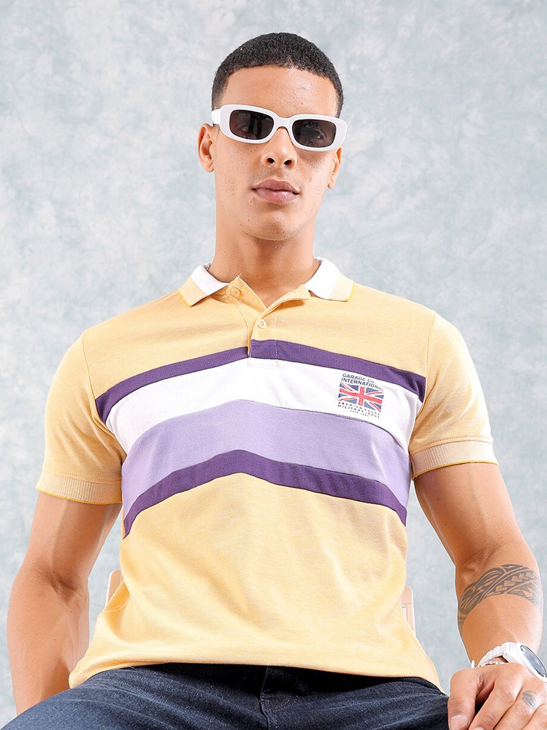 

The Indian Garage Co Striped Polo Collar Slim Fit T-shirt, Yellow