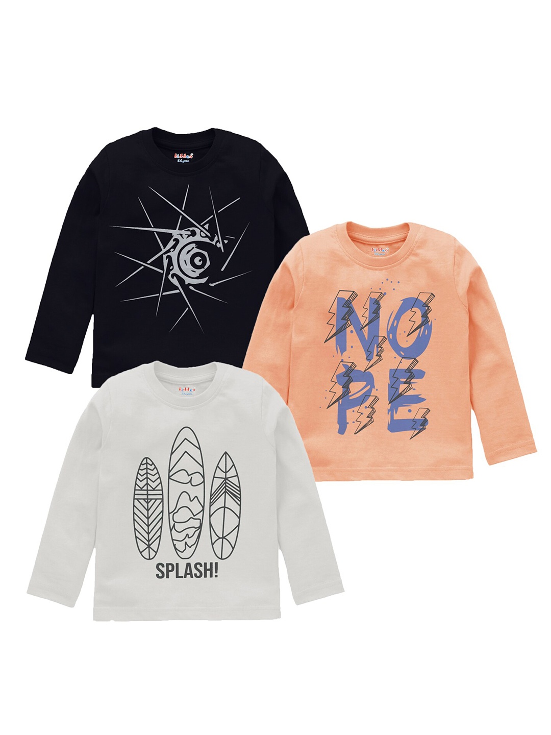 Kiddeo Boys Pack Of 3 Typography Printed Long Sleeves Cotton T-shirt, Black