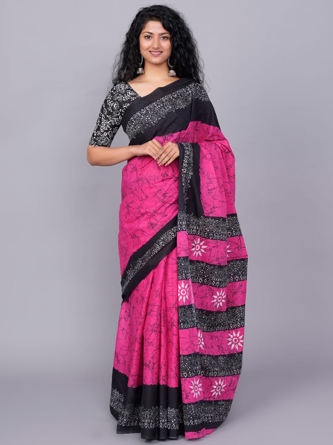 

clothonus Abstract Pure Cotton Block Print Saree, Pink
