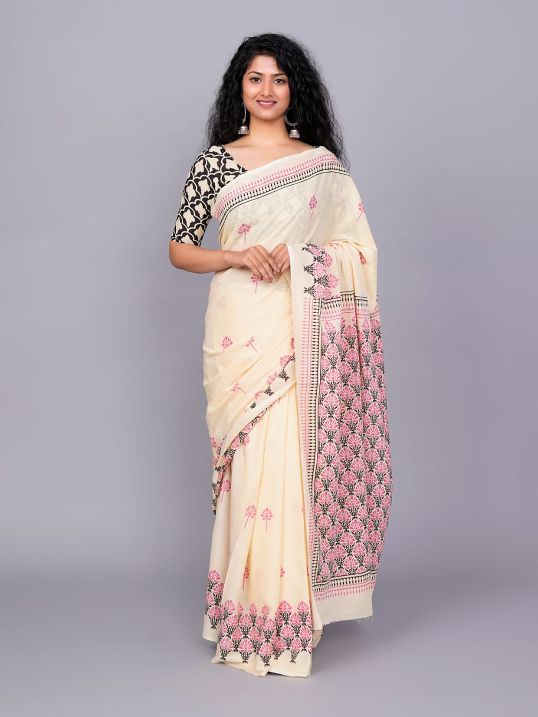 

clothonus Ethnic Motifs Pure Cotton Block Print Saree, Cream