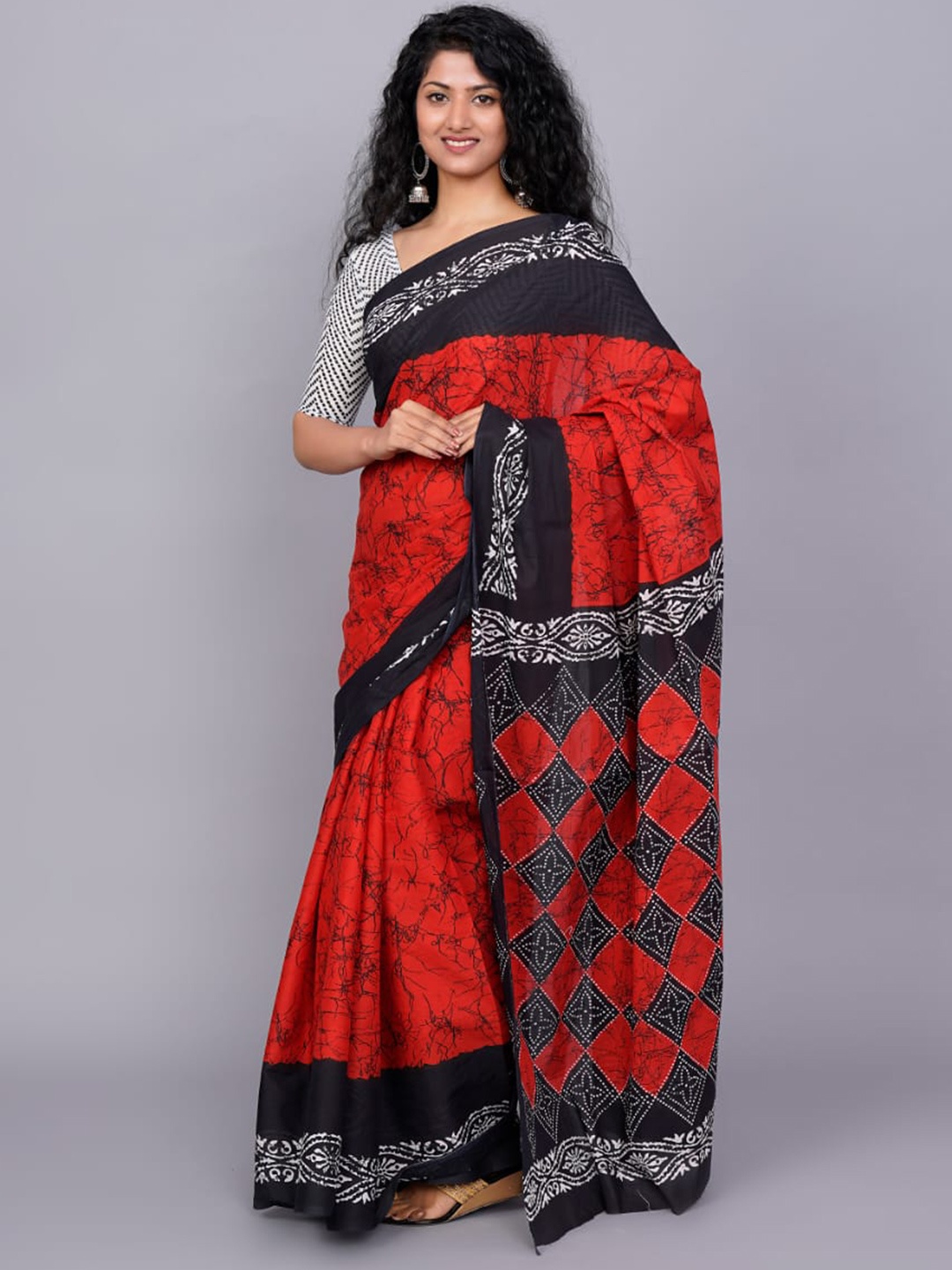 

Clothonus Kalamkari Printed Pure Cotton Block Print Saree, Red