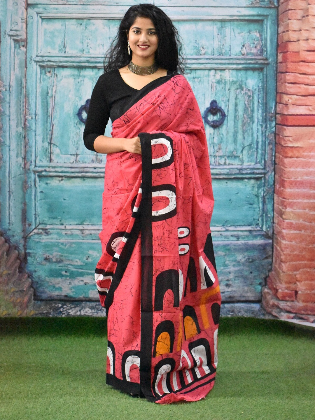 

clothonus Kalamkari Pure Cotton Block Print Saree, Pink