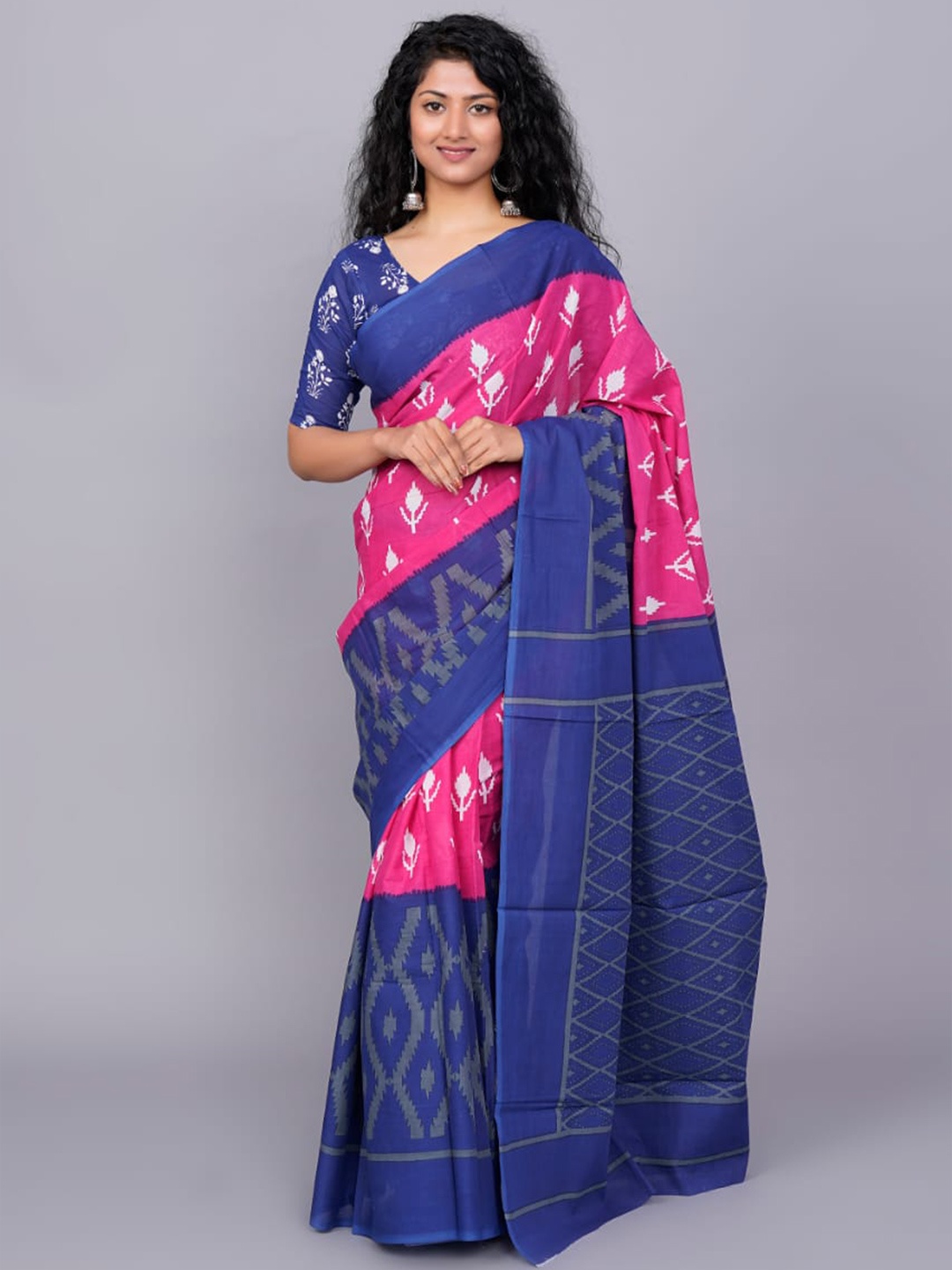 

clothonus Ethnic Motifs Pure Cotton Block Print Saree, Pink