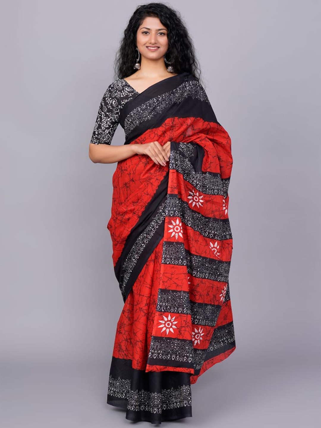 

clothonus Abstract Pure Cotton Block Print Saree, Red