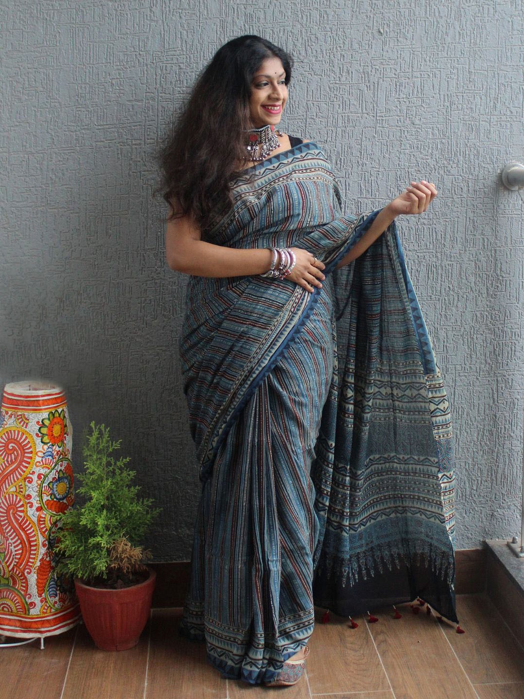 

Weaves of Tradition Striped Printed Pure Cotton Block Print Saree With Tassels, Blue