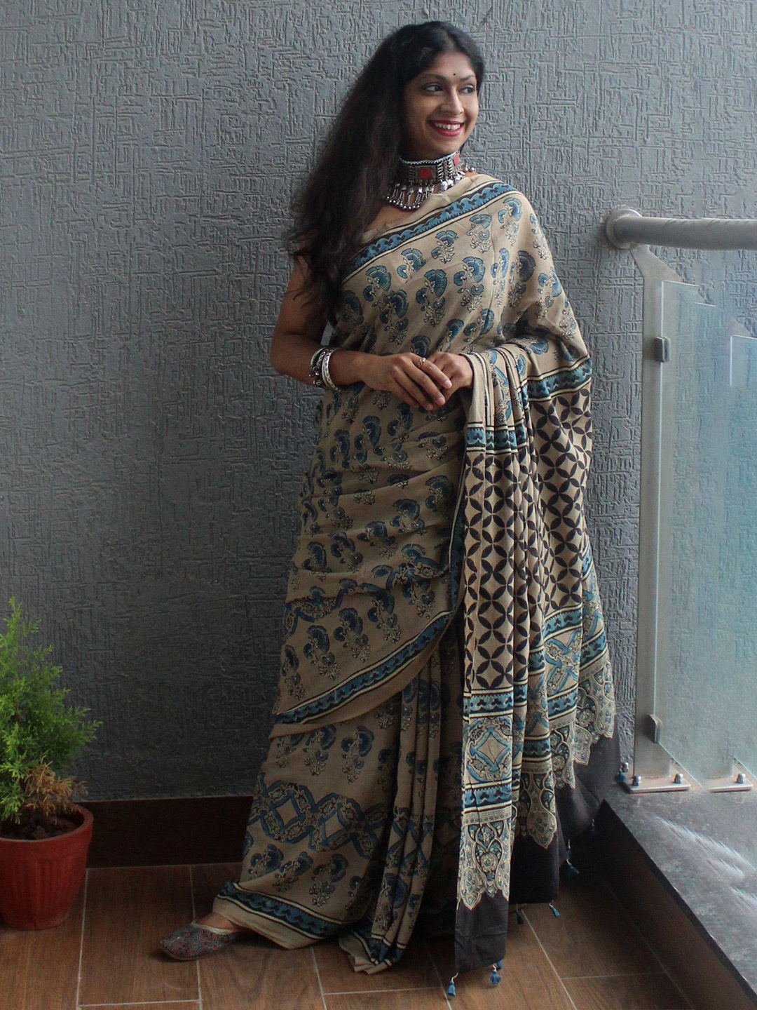 

Weaves of Tradition Printed Block Printed Pure Cotton Saree, Beige