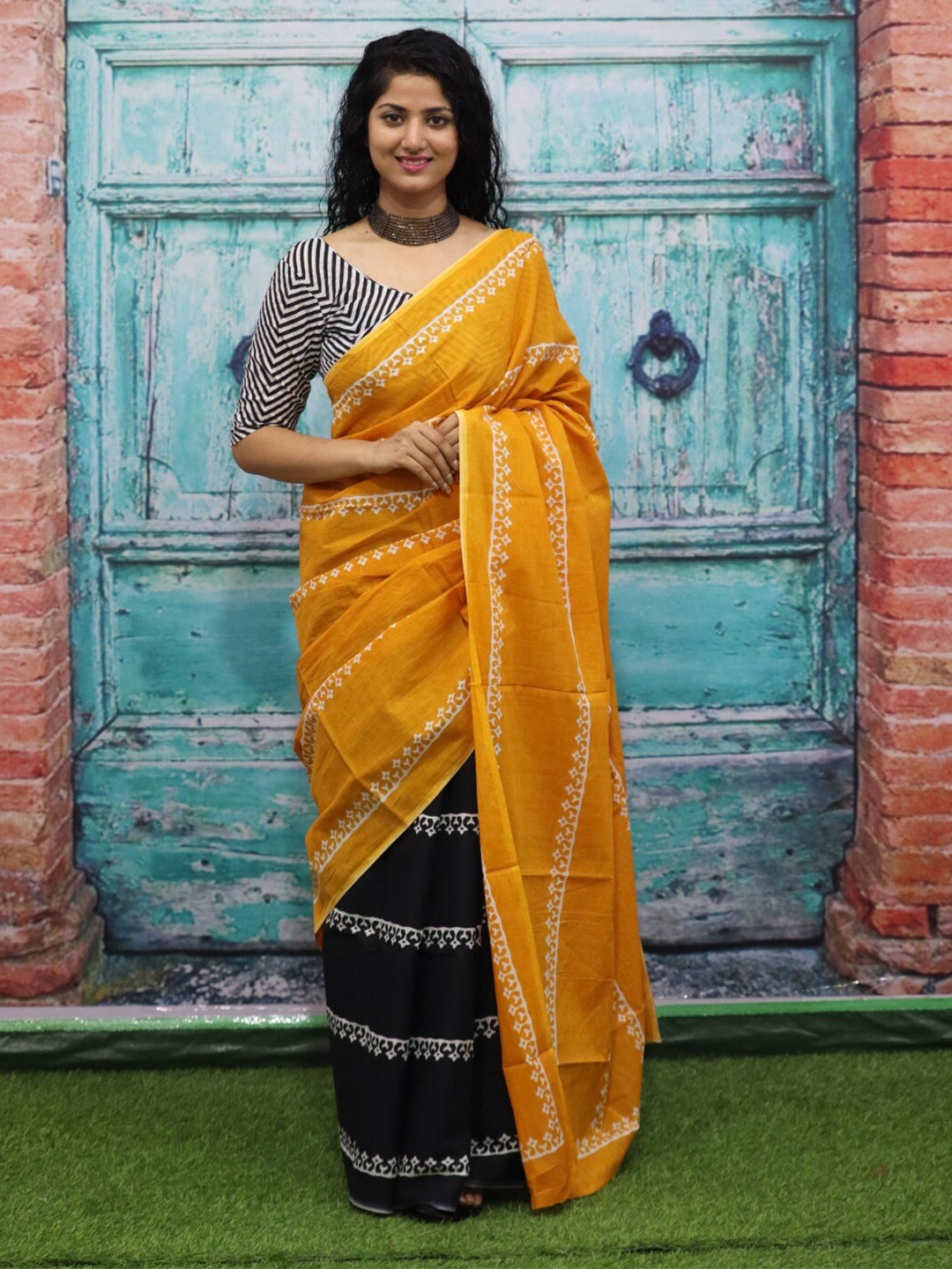 

clothonus Ethnic Motifs Pure Cotton Half and Half Block Print Saree, Yellow