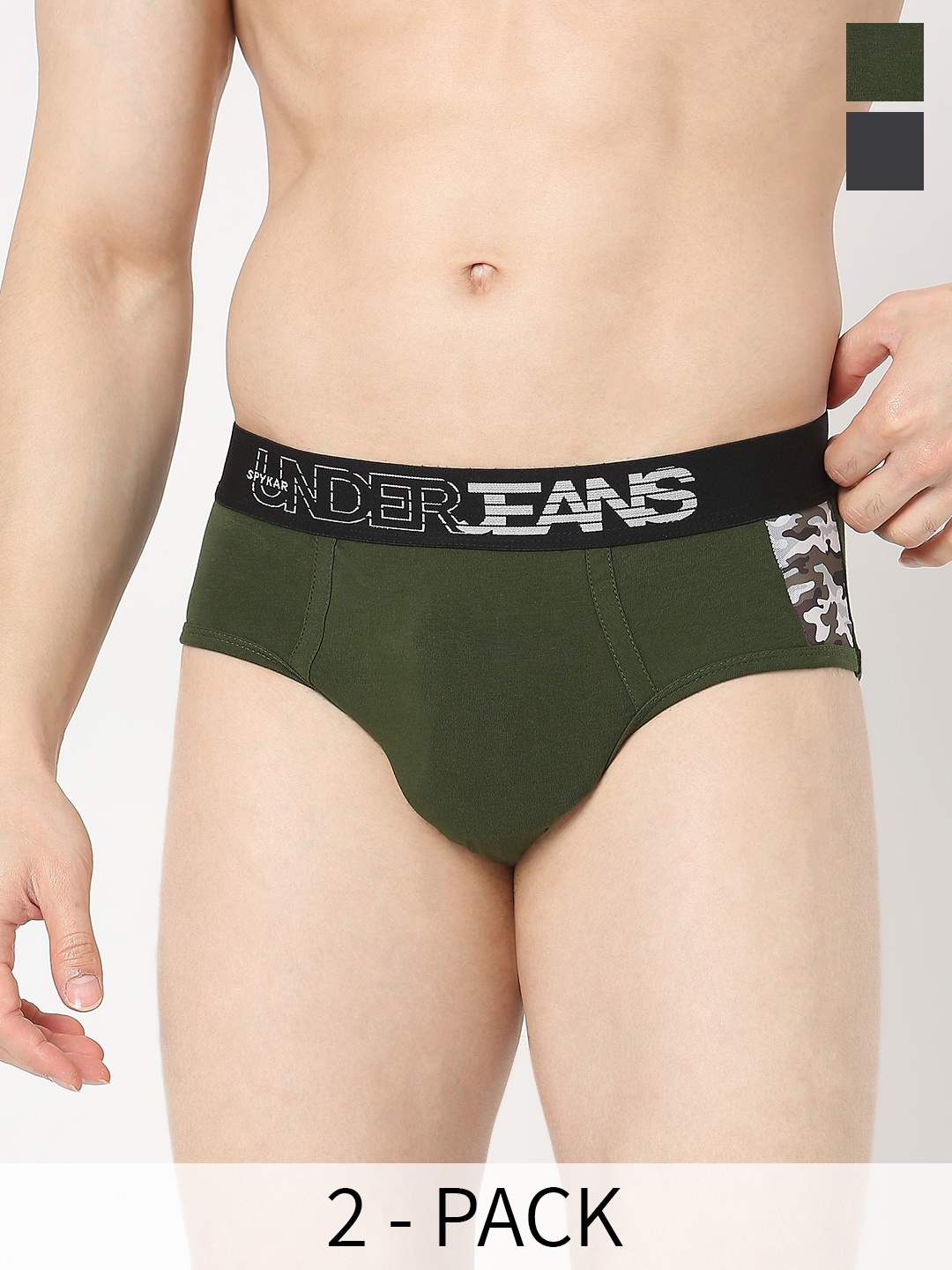 

UnderJeans by Spykar Pack Of 2 Anti-Microbial Basic Briefs UJNTPBC021GreyOlive, Grey
