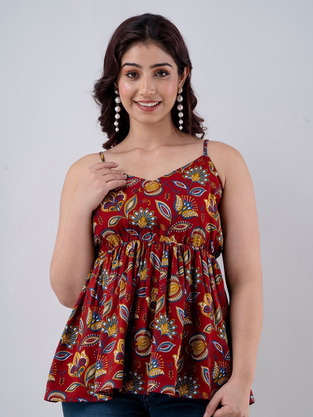 

TRENDSWILL Floral Printed Shoulder Straps Empire Top, Maroon