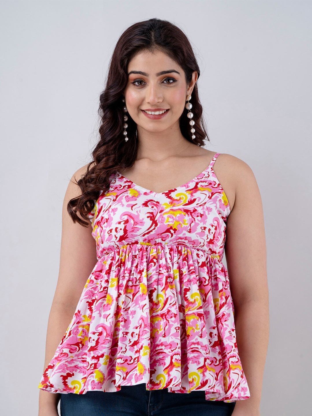 

TRENDSWILL Floral Printed Shoulder Straps Regular Empire Top, Pink