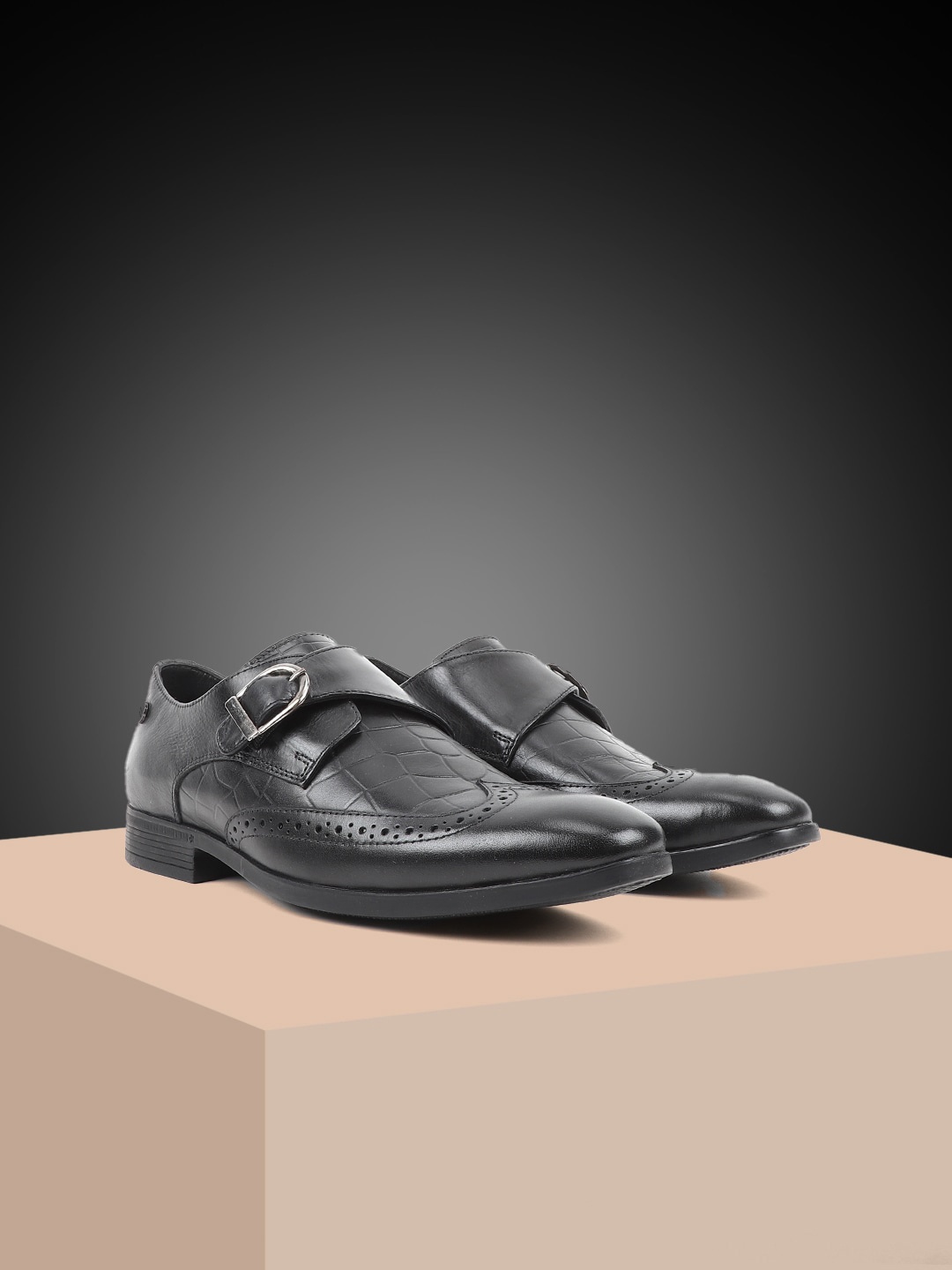 

Carlton London Men Leather Formal Monk Shoes, Black