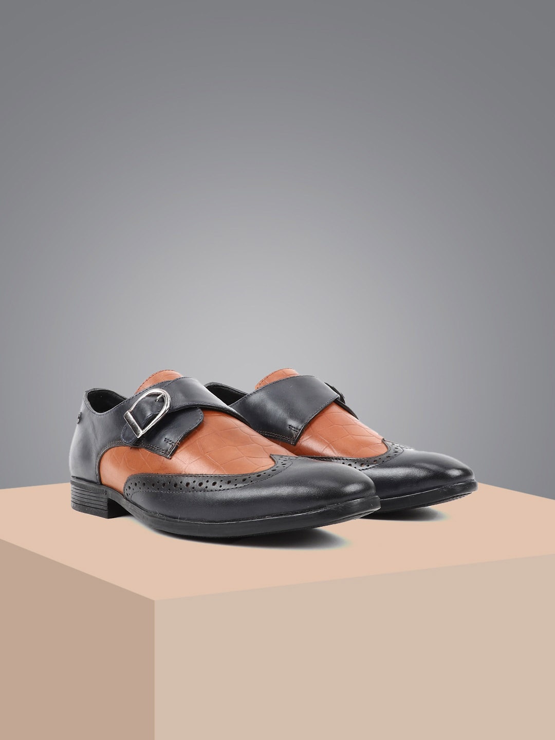 

Carlton London Men Leather Formal Monk Shoes, Navy blue