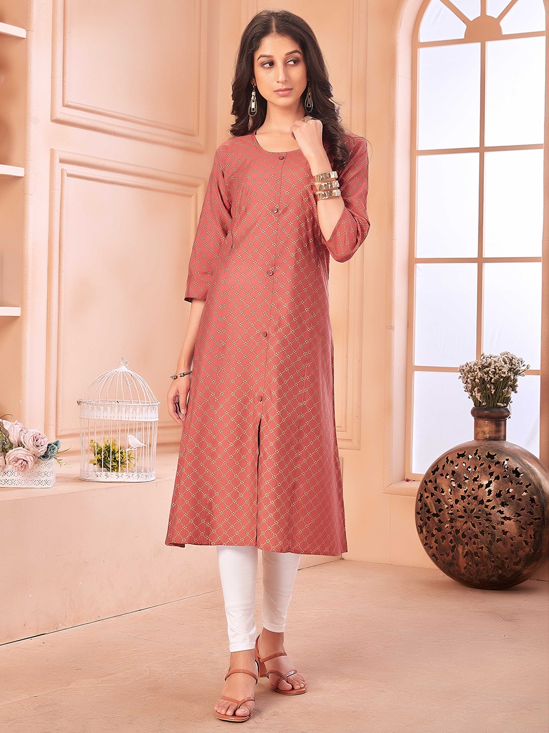 

Anubhutee Floral Woven Design Round Neck Cotton Kurta, Coral