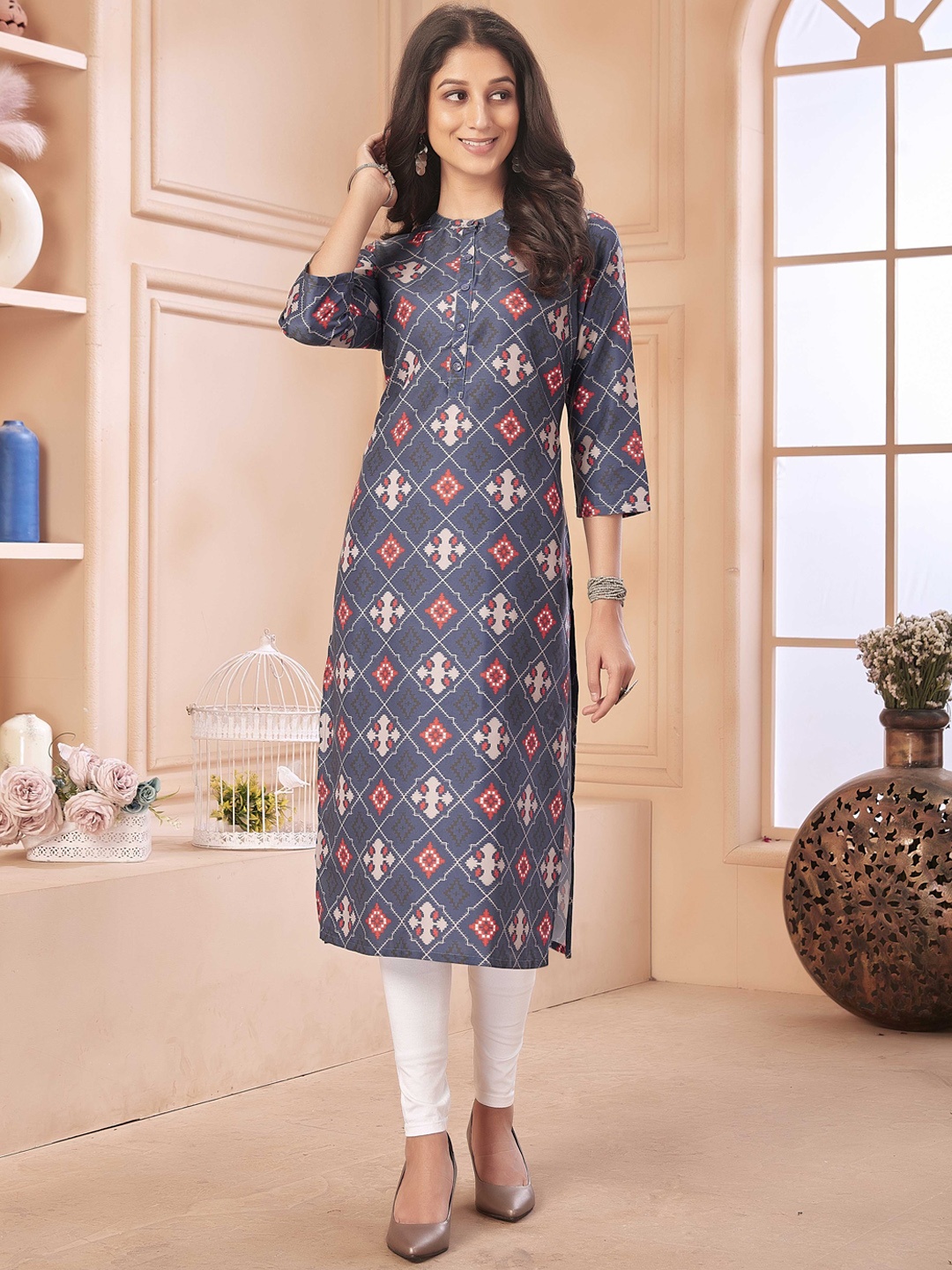 

Anubhutee Ethnic Motifs Printed Straight Cotton Kurta, Blue